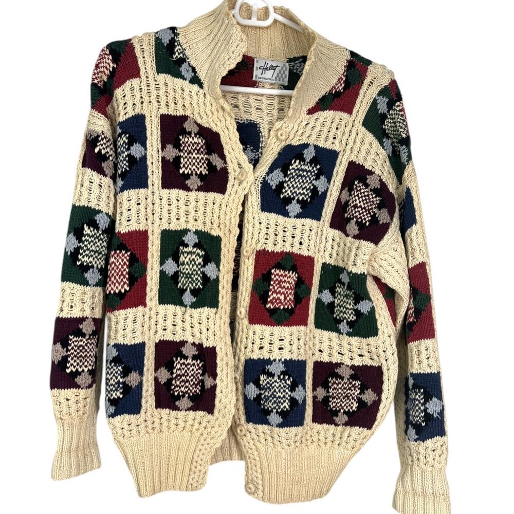 Vintage 90's Hallet San Francisco M cardigan knit colorblock quilted squares